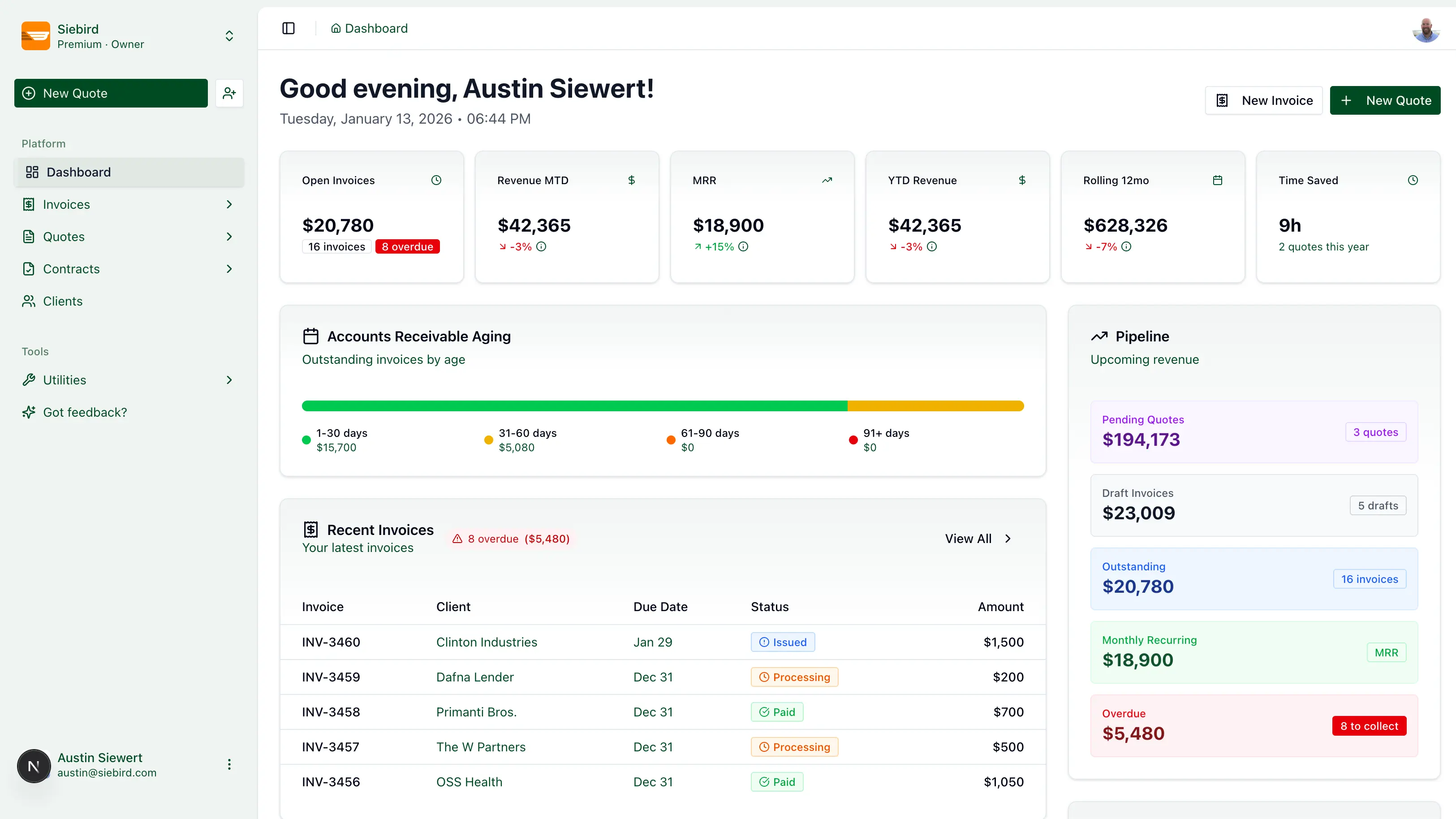 Tillage Dashboard showing revenue and activity